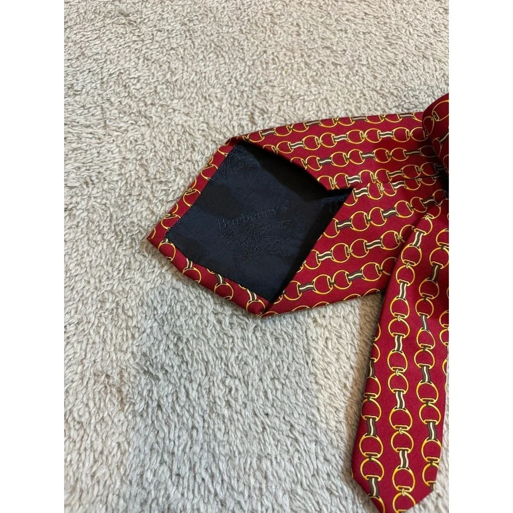 Vintage Burberry's Silk Tie Red‎ Gold Equestrian Horsebit Chain Made in England